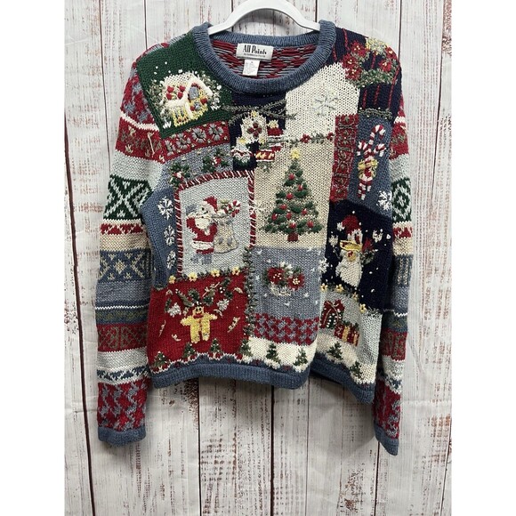 All Points Christmas Chunky Sweater Womens Medium Ramie Cotton Holidays - Picture 1 of 8